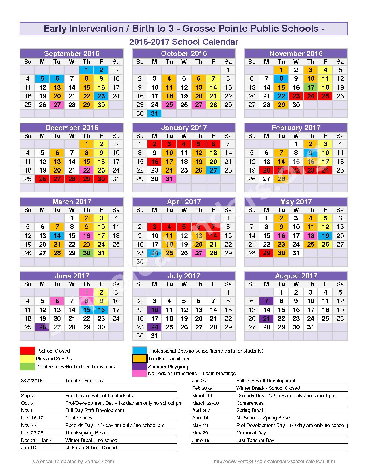 2016 - 2017 District Calendar – Charles A. Poupard Elementary School – page 1