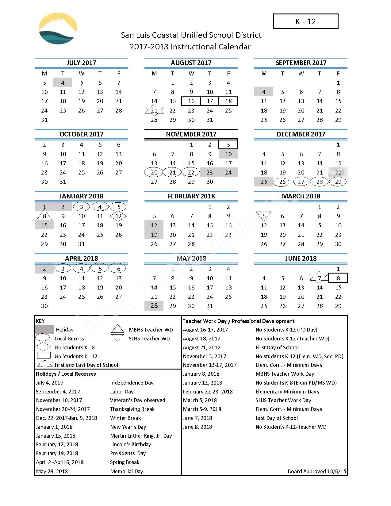 San Luis Coastal Unified School District Calendars – San Luis Obispo, CA