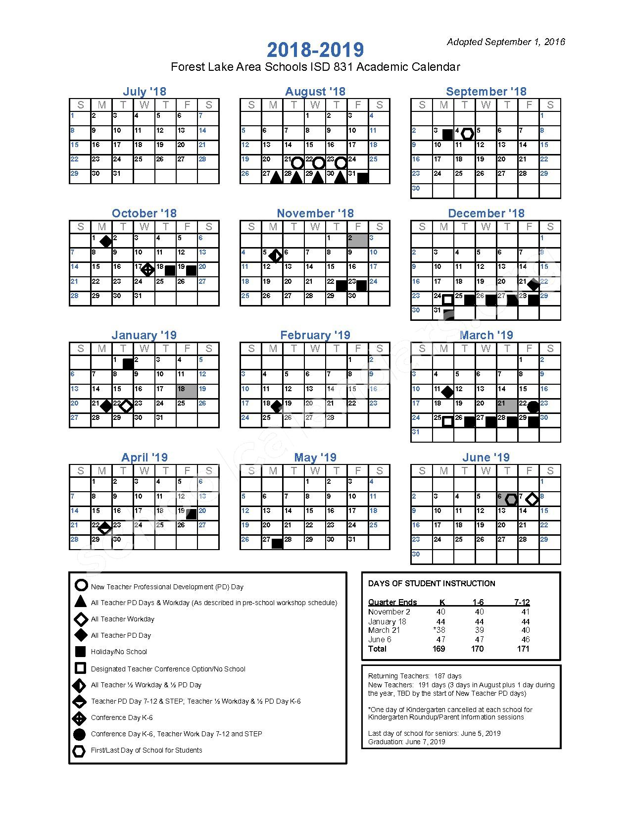 2018 2019 District Calendar Forest Lake Area Schools Forest Lake MN