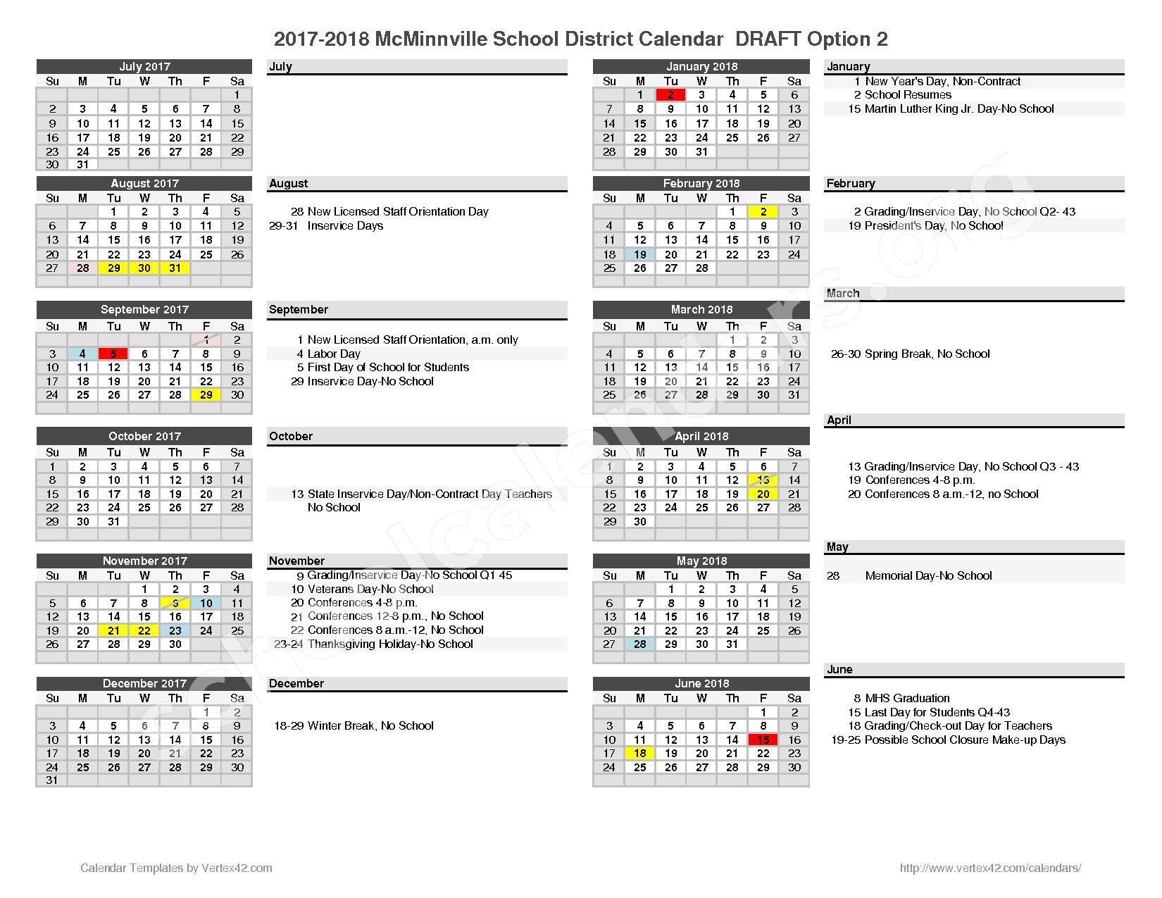 2017 - 2018 School Calendar – Wascher Elementary School – page 1