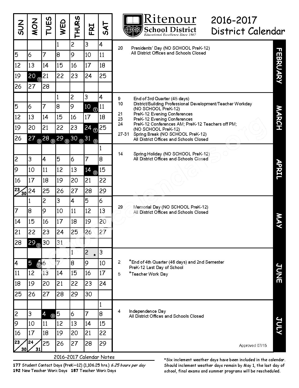 2016 2017 School Calendar Ritenour School District St Louis MO