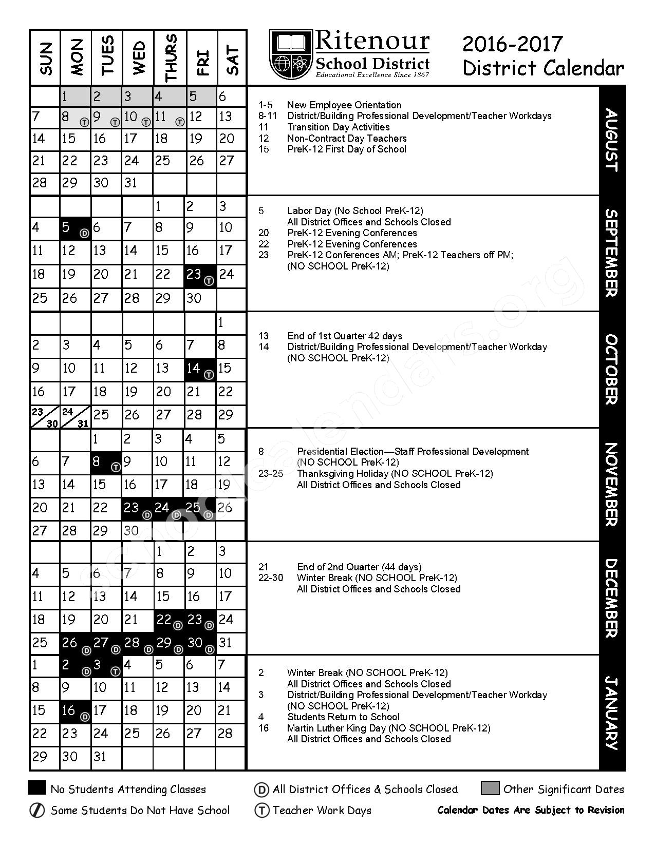 2016 - 2017 District Calendar – Marvin Elementary School – page 1