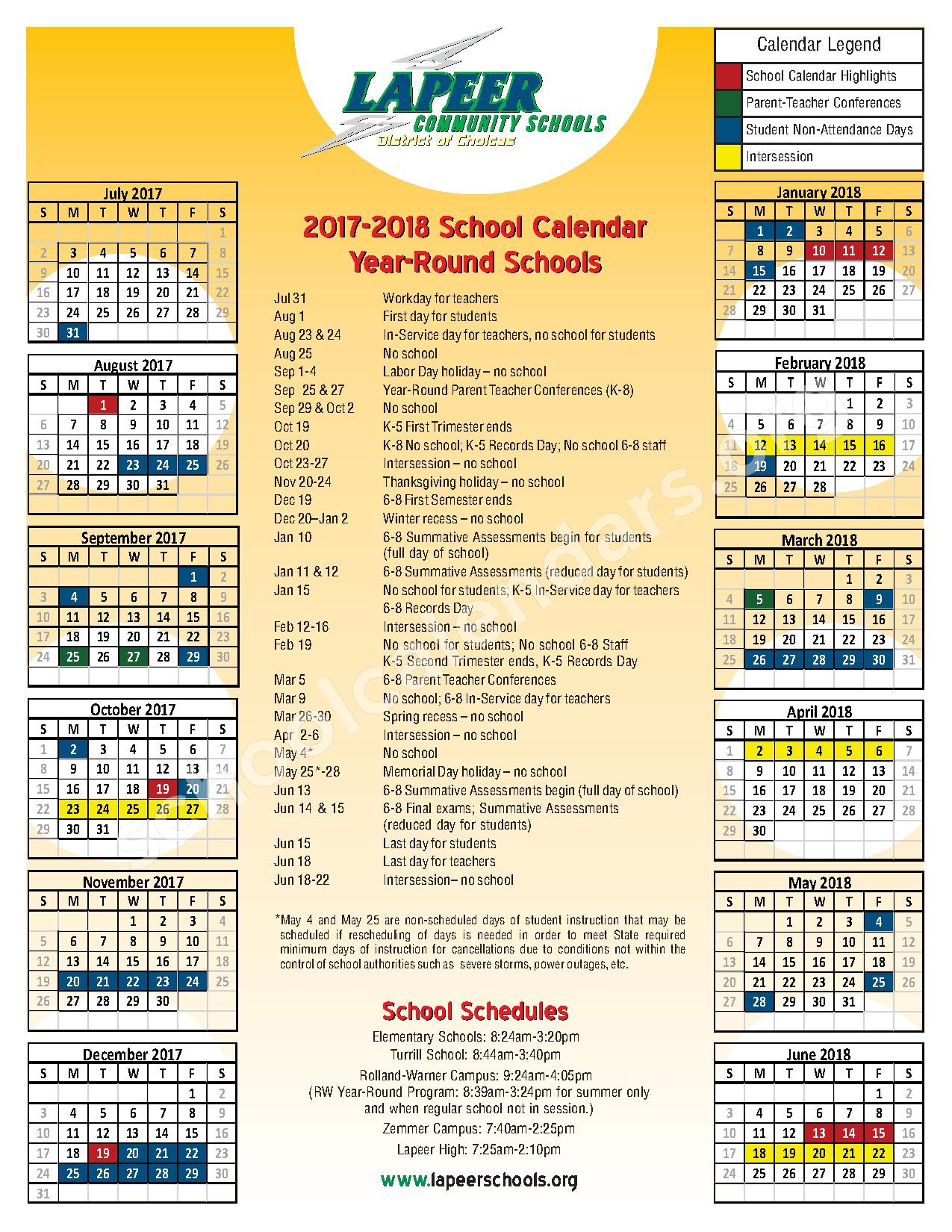 2017 2018 Year Round School Calendar Lapeer Community Schools