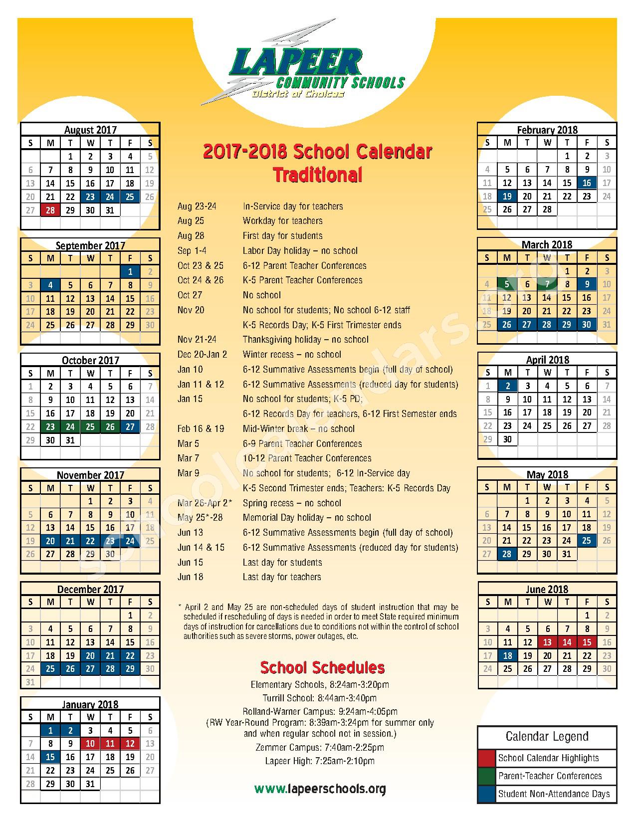 2017 - 2018 Traditional School Calendar | Lapeer Community Schools – Lapeer, MI