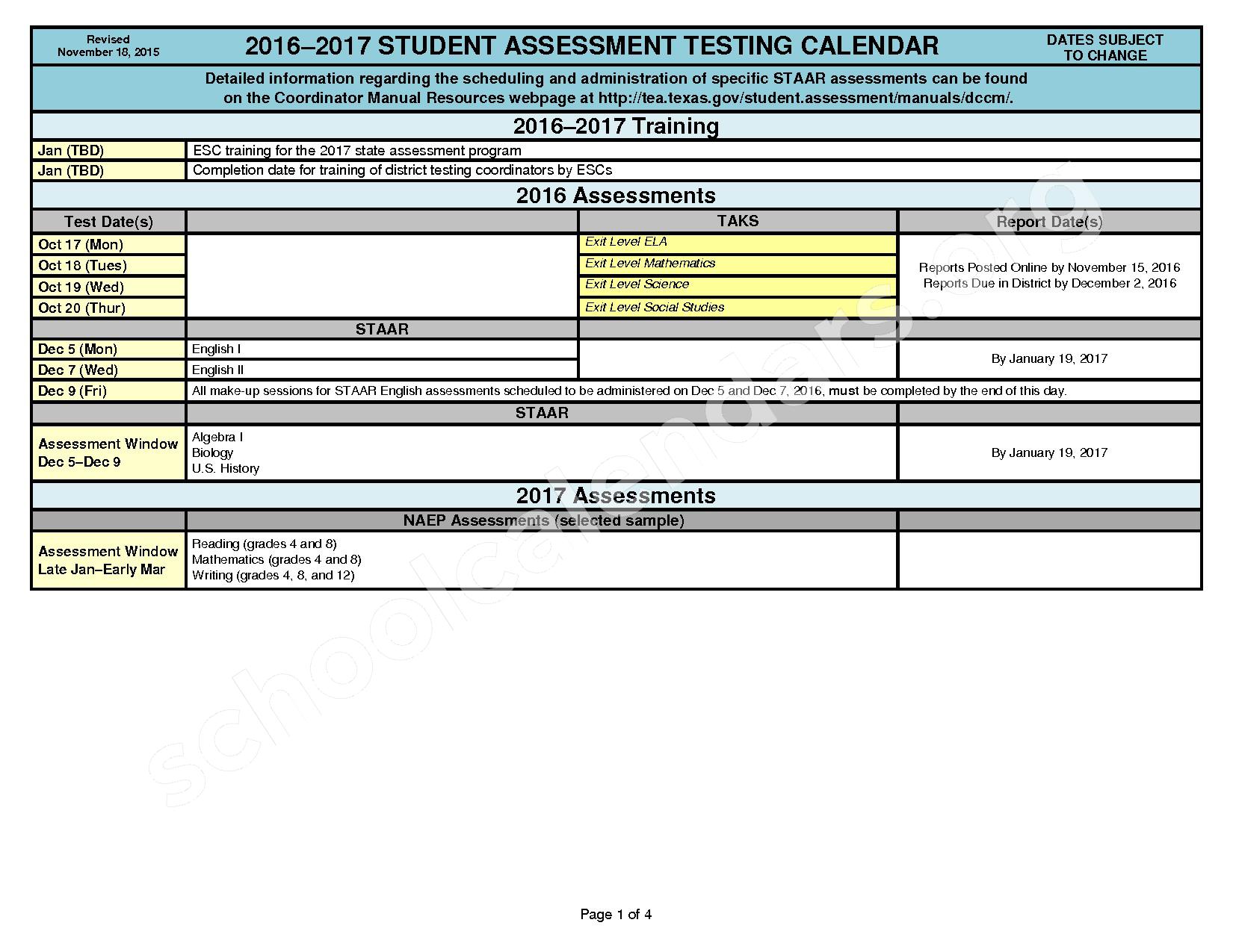 2016 - 2017 State Testing Calendar – Crosby Kindergarten Center – page 1