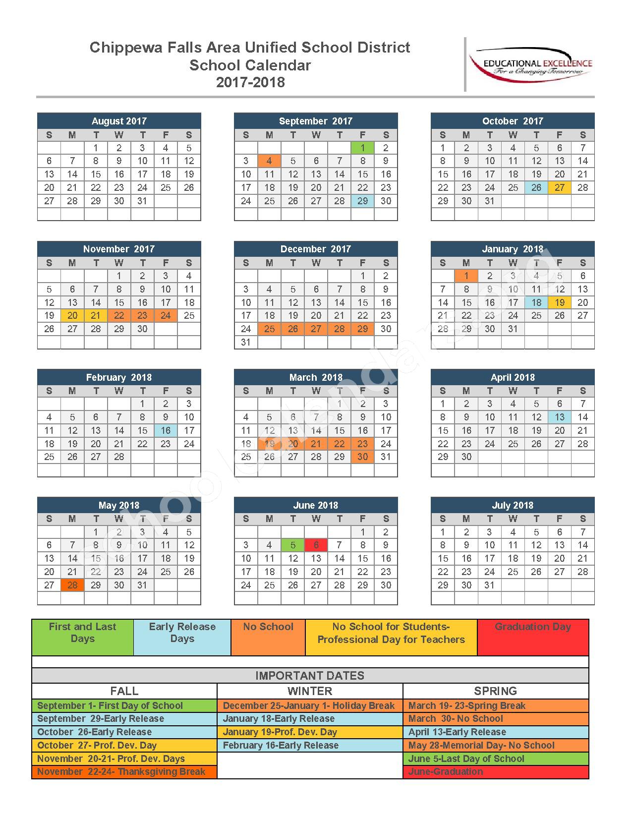 2017 - 2018 School Calendar | Chippewa Falls Area Unified School District – Chippewa Falls, WI 2017 - 2018 School Calendar | Chippewa Falls Area Unified School District – Chippewa Falls, WI