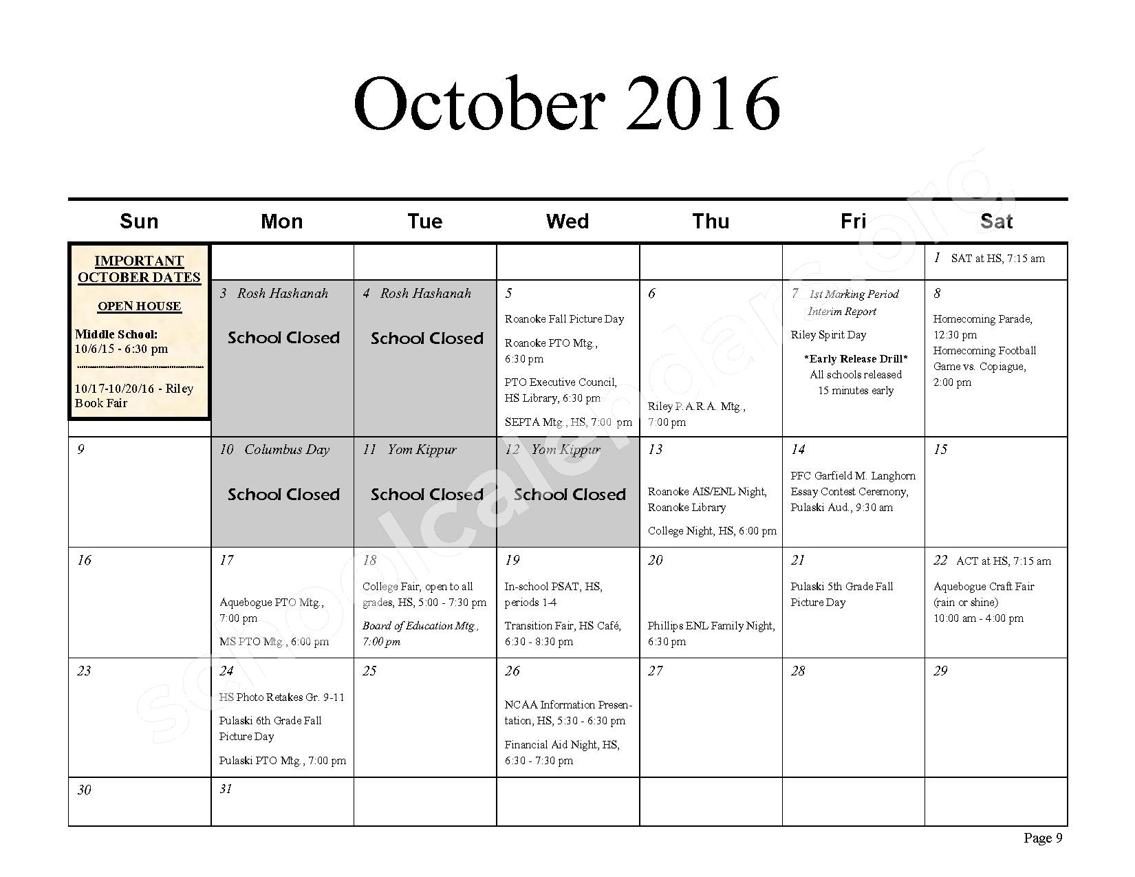 2016 - 2017 District Calendar & Information Guide – Roanoke Avenue School – page 9