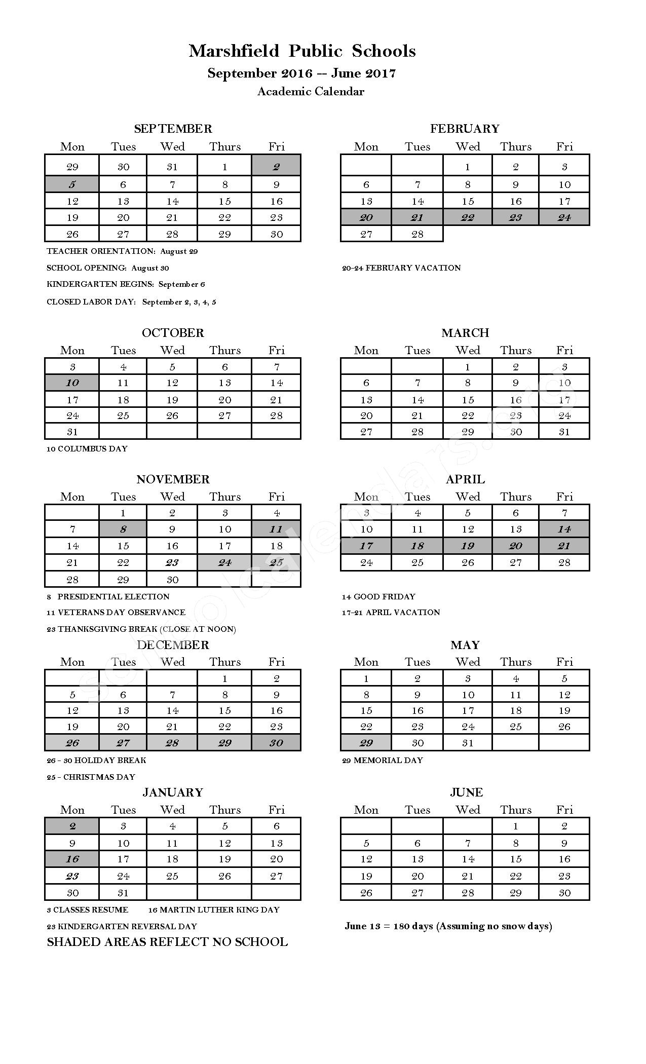 2016 - 2017 Academic Calendar – Martinson Elementary School – page 1