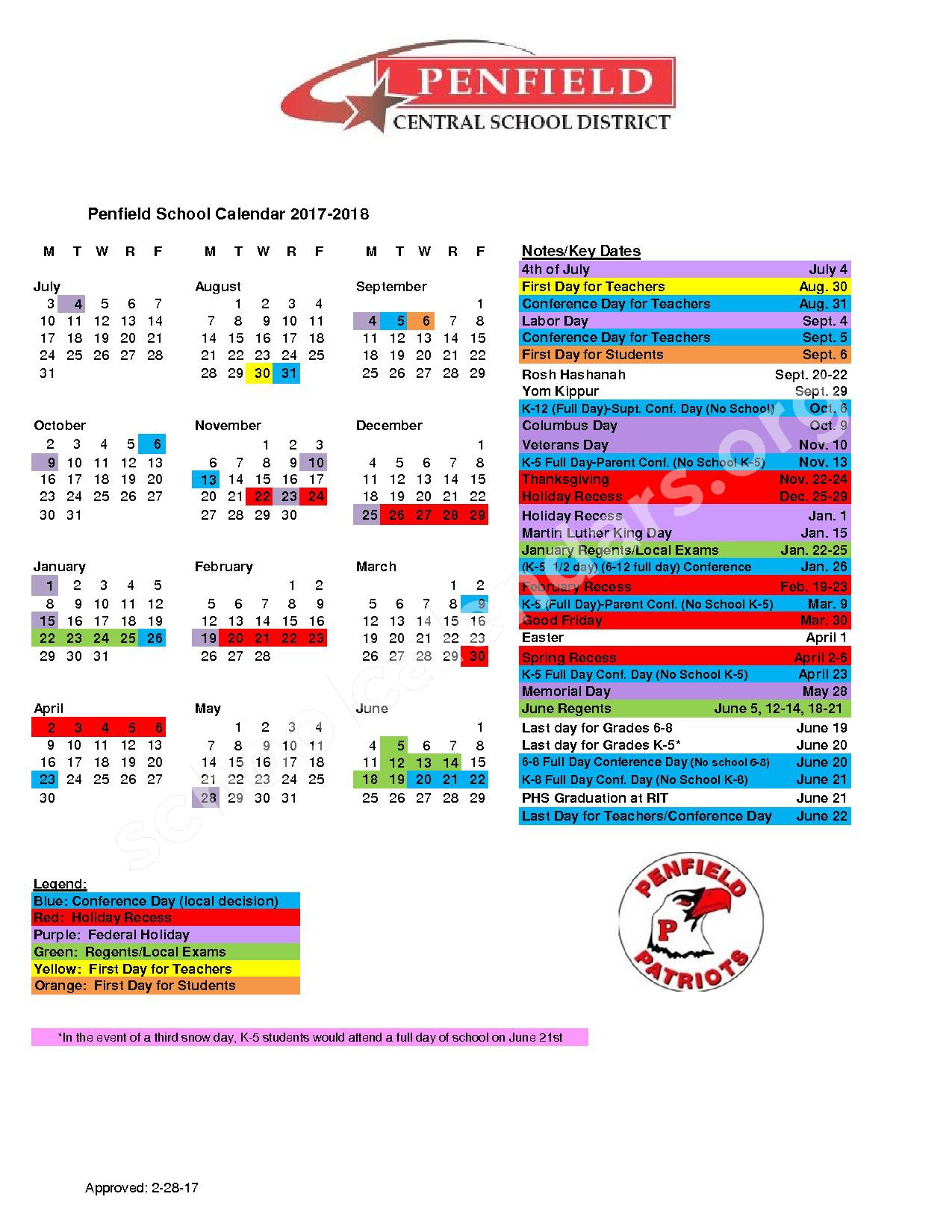 2017 2018 District Calendar Penfield Central School District Rochester NY