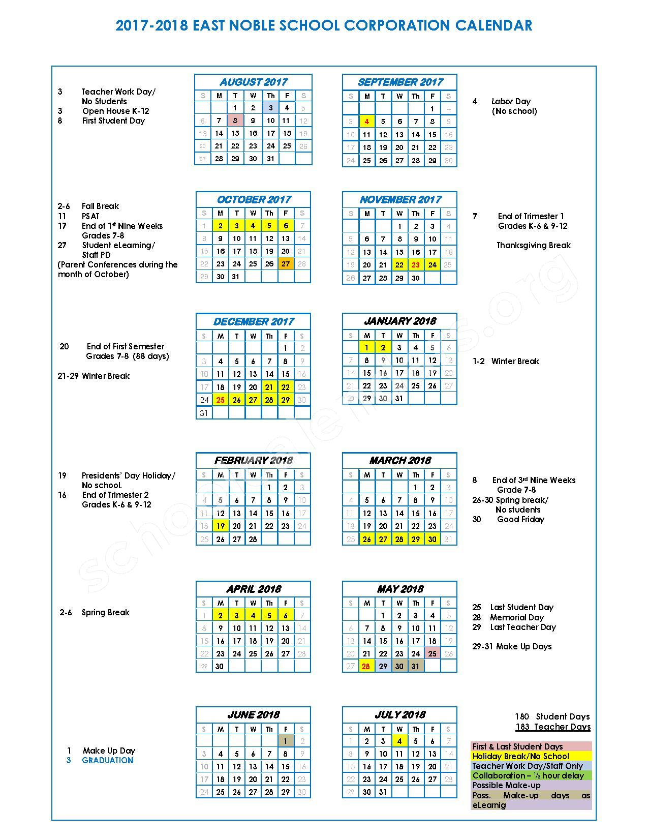 2017 - 2018 School Calendar – East Noble High School – page 1