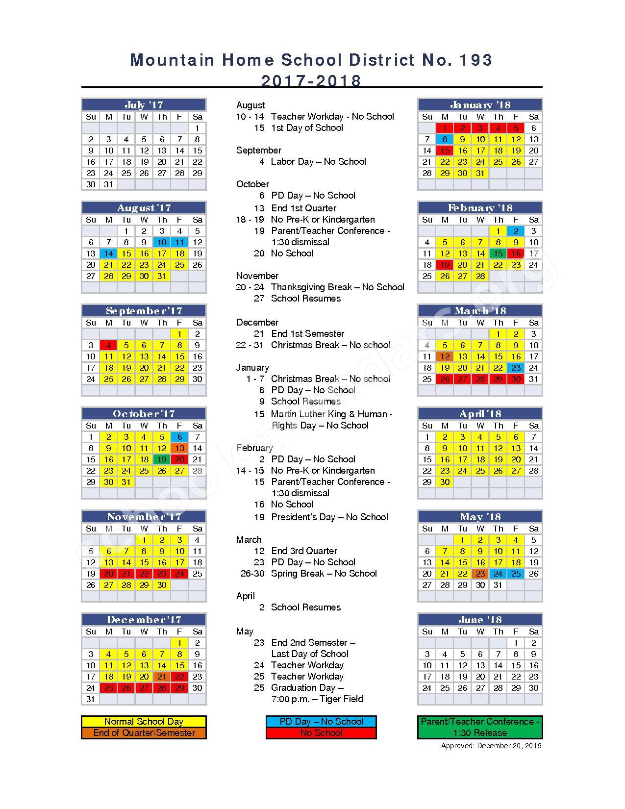 2017 2018 School Calendar Mountain Home School District 193