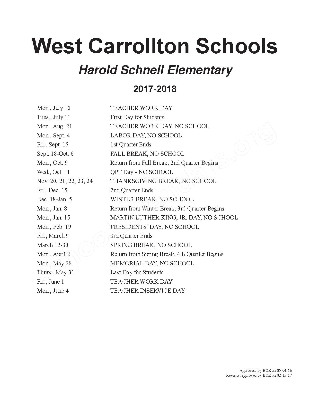 2017 - 2018 School Calendar – West Carrollton City Schools – page 2