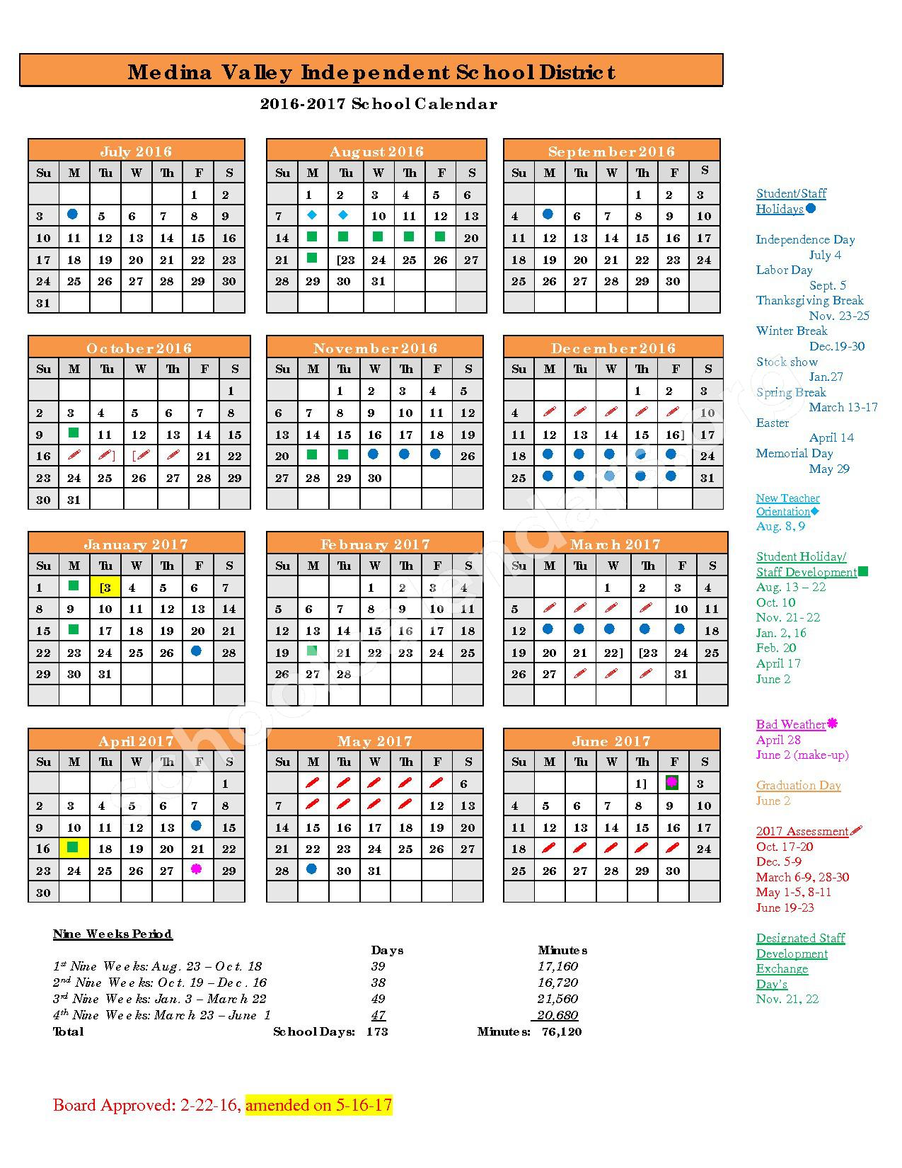 2016 - 2017 District Calendar – Medina Valley High School – page 1