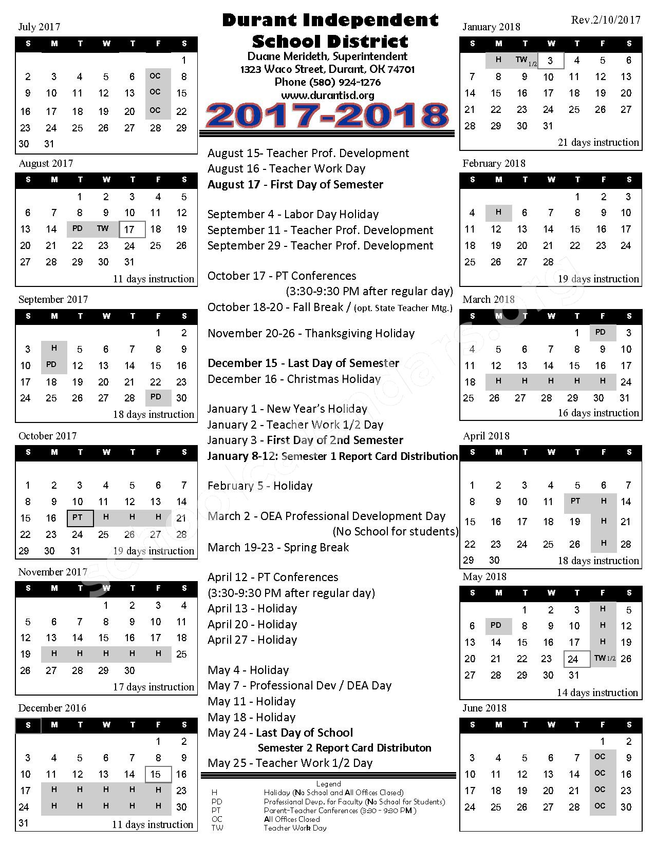 Durant Independent School District Calendars – Durant, OK