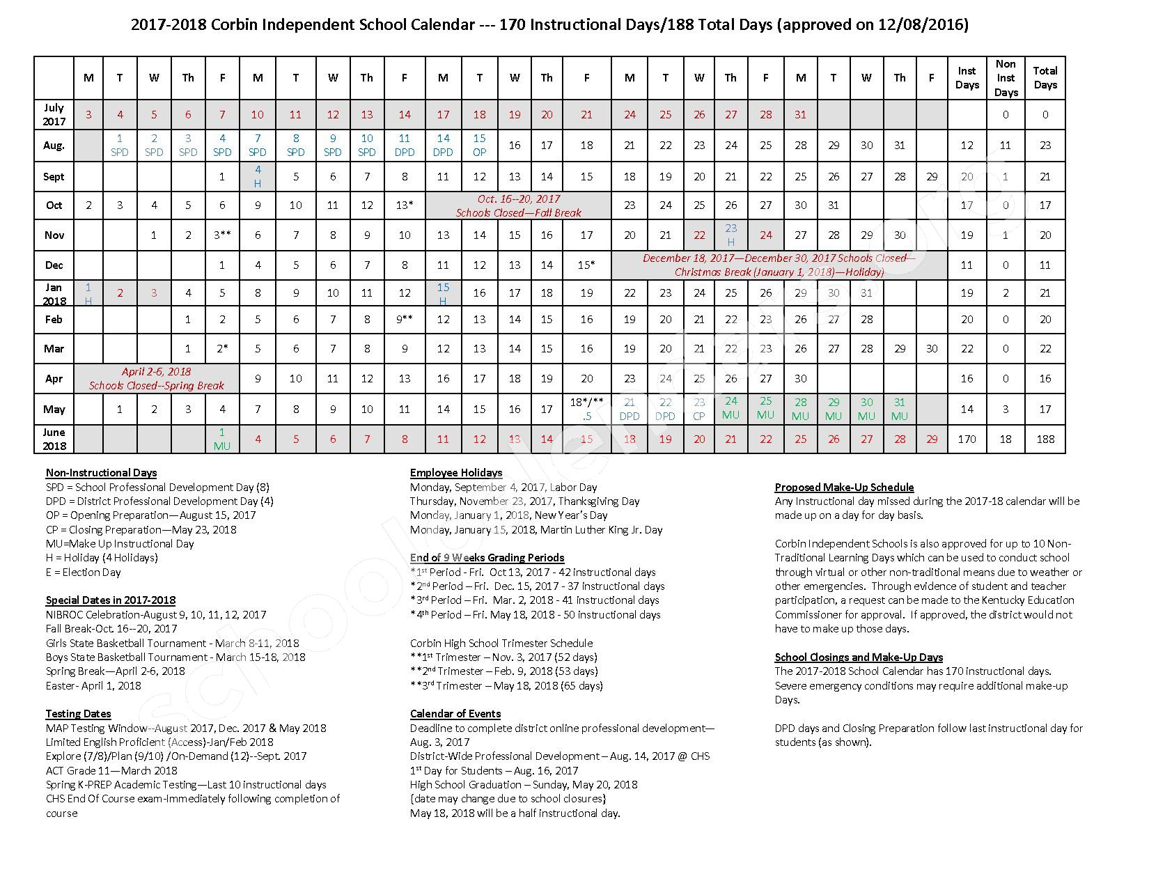 2017 - 2018 School Calendar | Corbin Independent School District – Corbin, KY