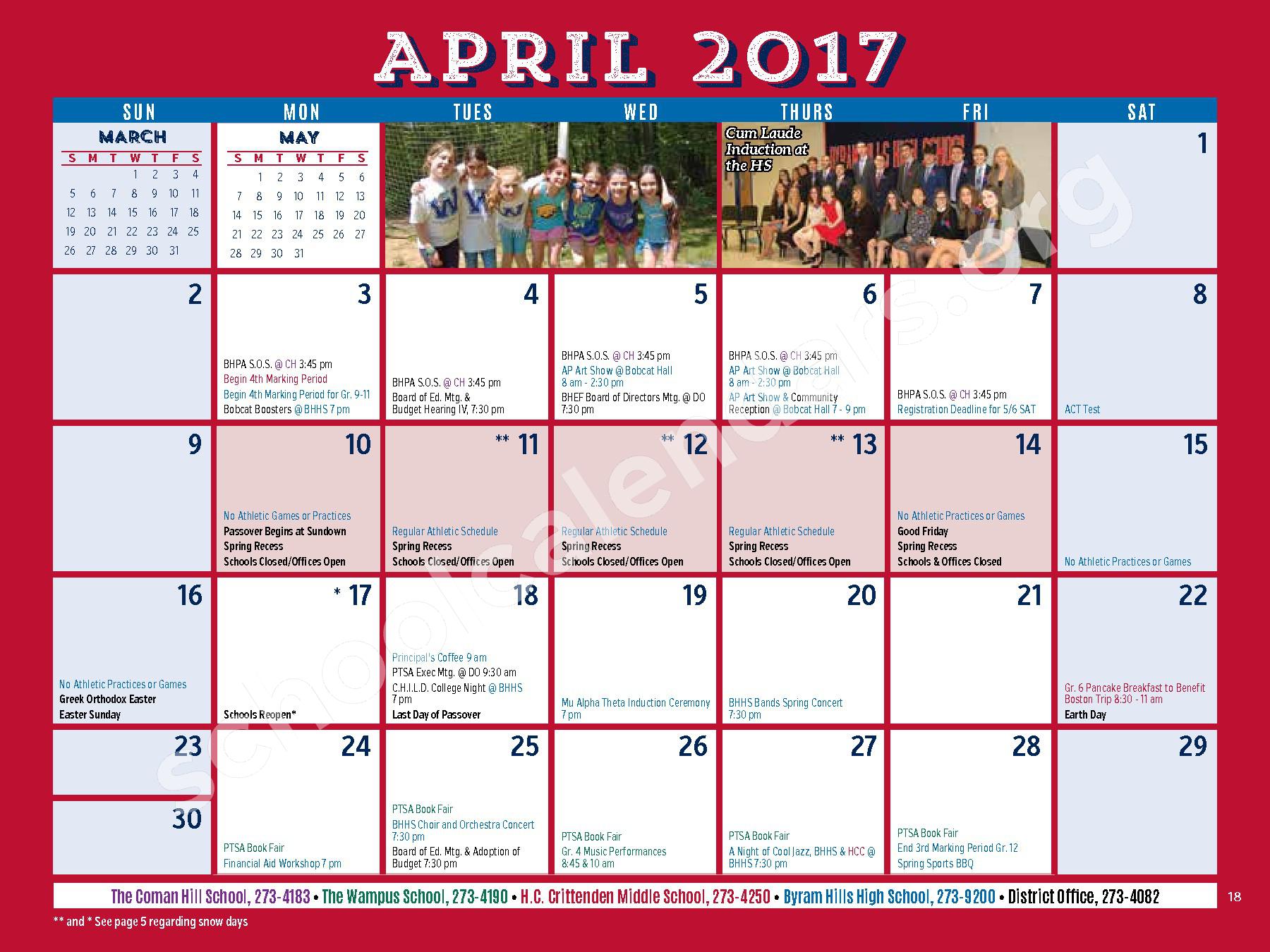 2016 2017 District Calendar Byram Hills Central School District Armonk NY