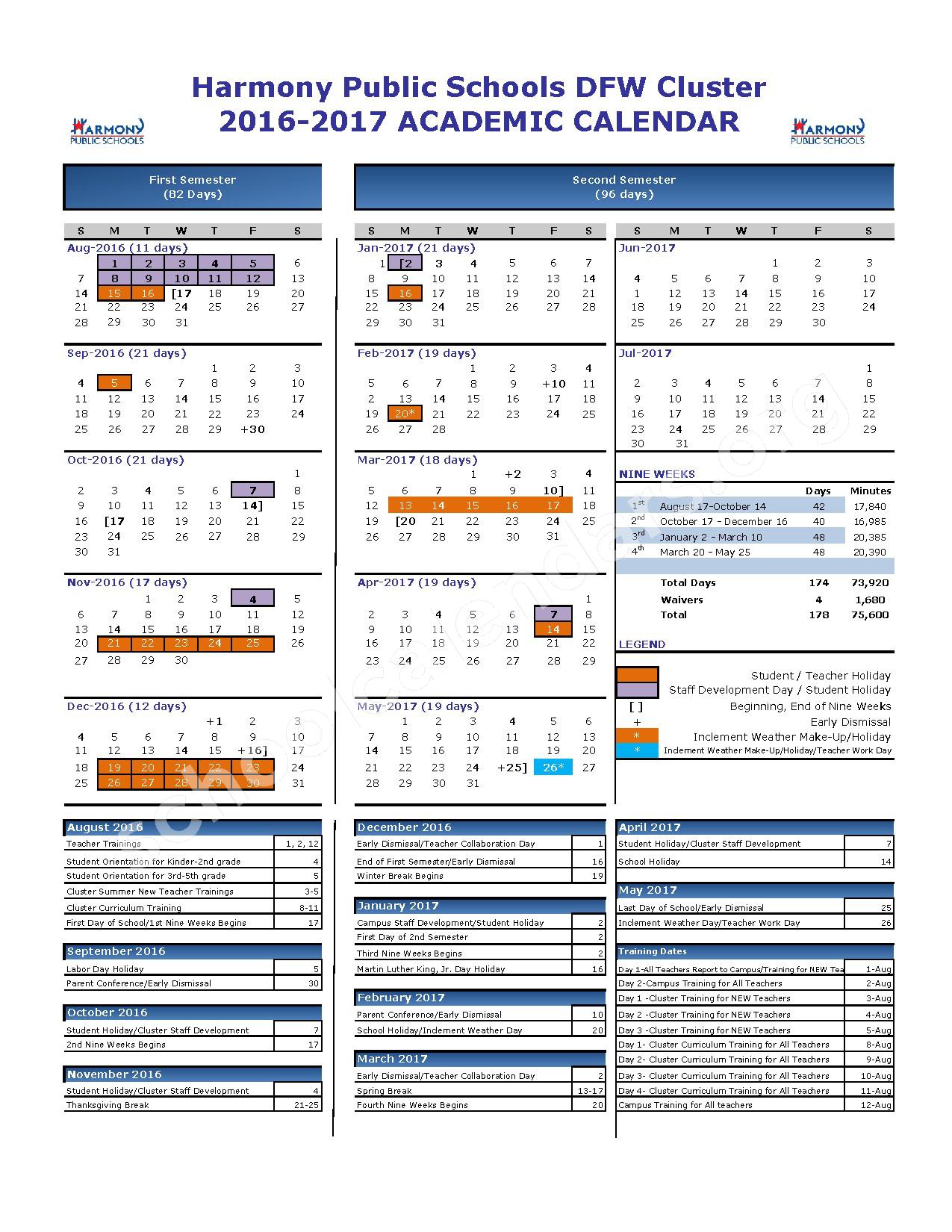 2016 - 2017  District Calendar – Harmony Science Academy (Fort Worth) – page 1