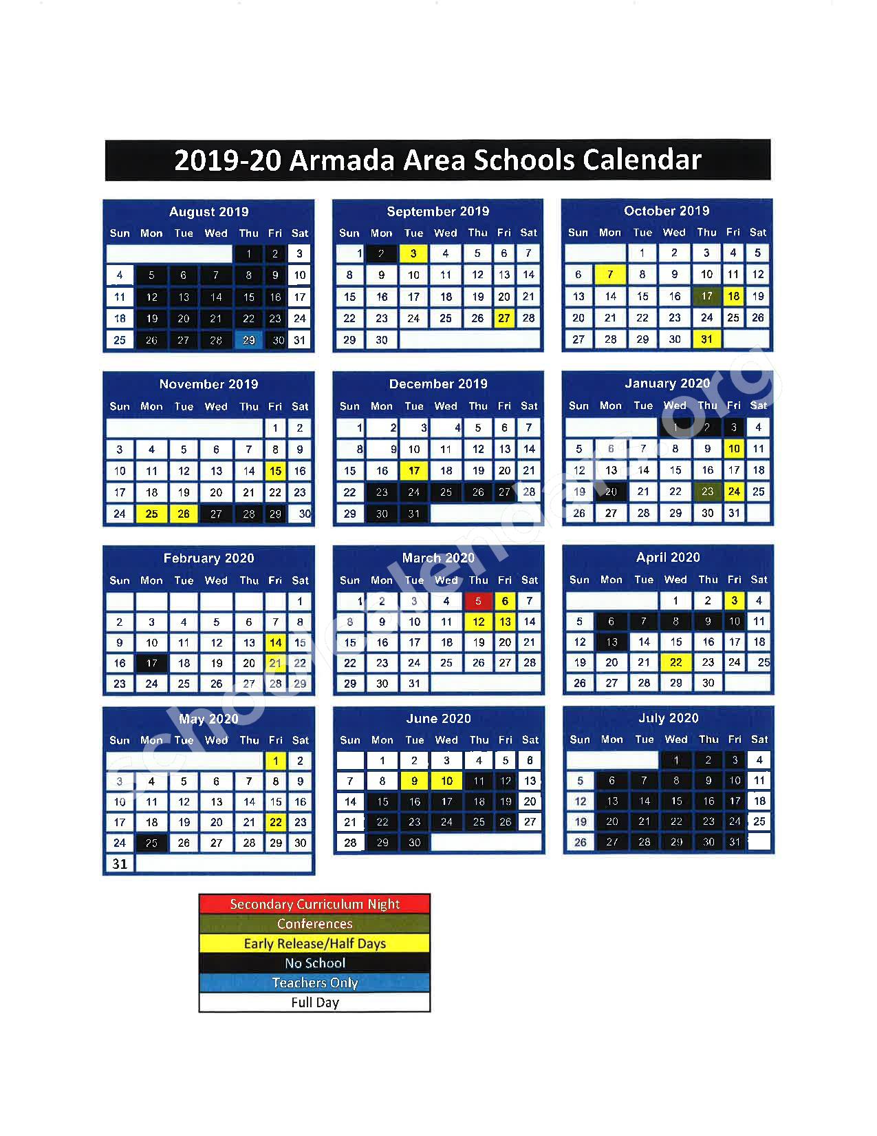 2019 2020 District Calendar Armada Area Schools Armada MI