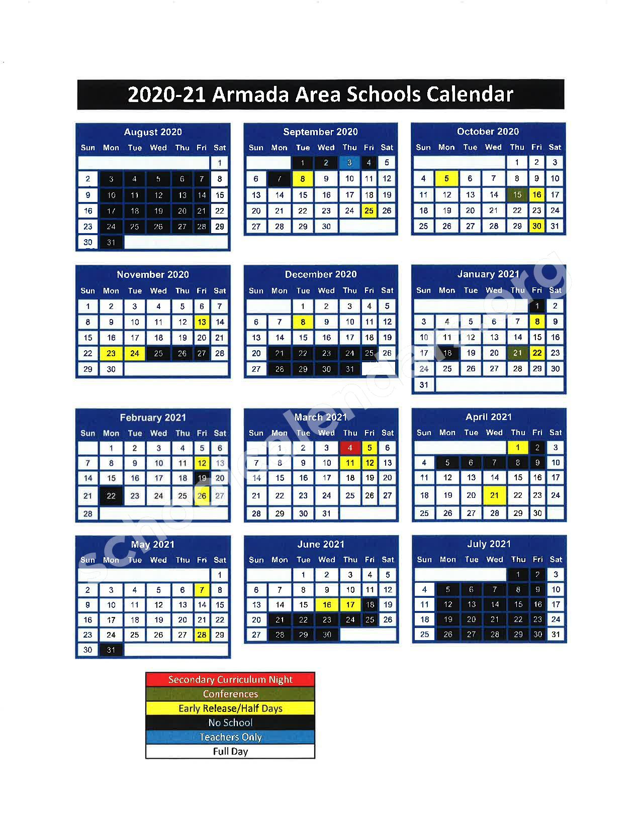 2020 - 2021 District Calendar | Armada Area Schools – Armada, MI