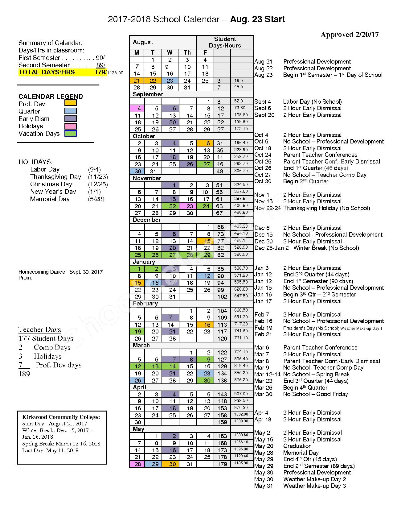 2017 - 2018 District Calendar – Anamosa Community School District – page 1