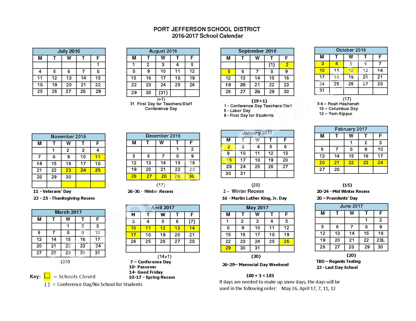 2016 - 2017 District Calendar – Port Jefferson Union Free School District – page 1