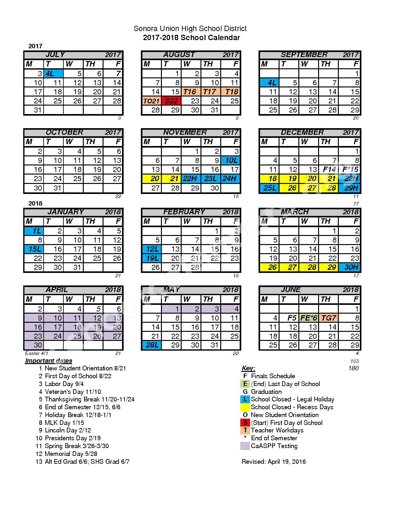 2017 2018 School Calendar Sonora Union High School District 