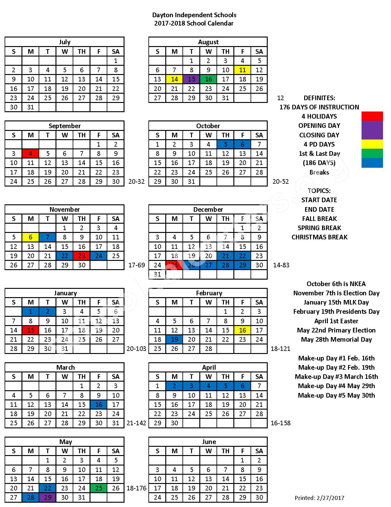 2017 2018 School Calendar Dayton Independent School District 