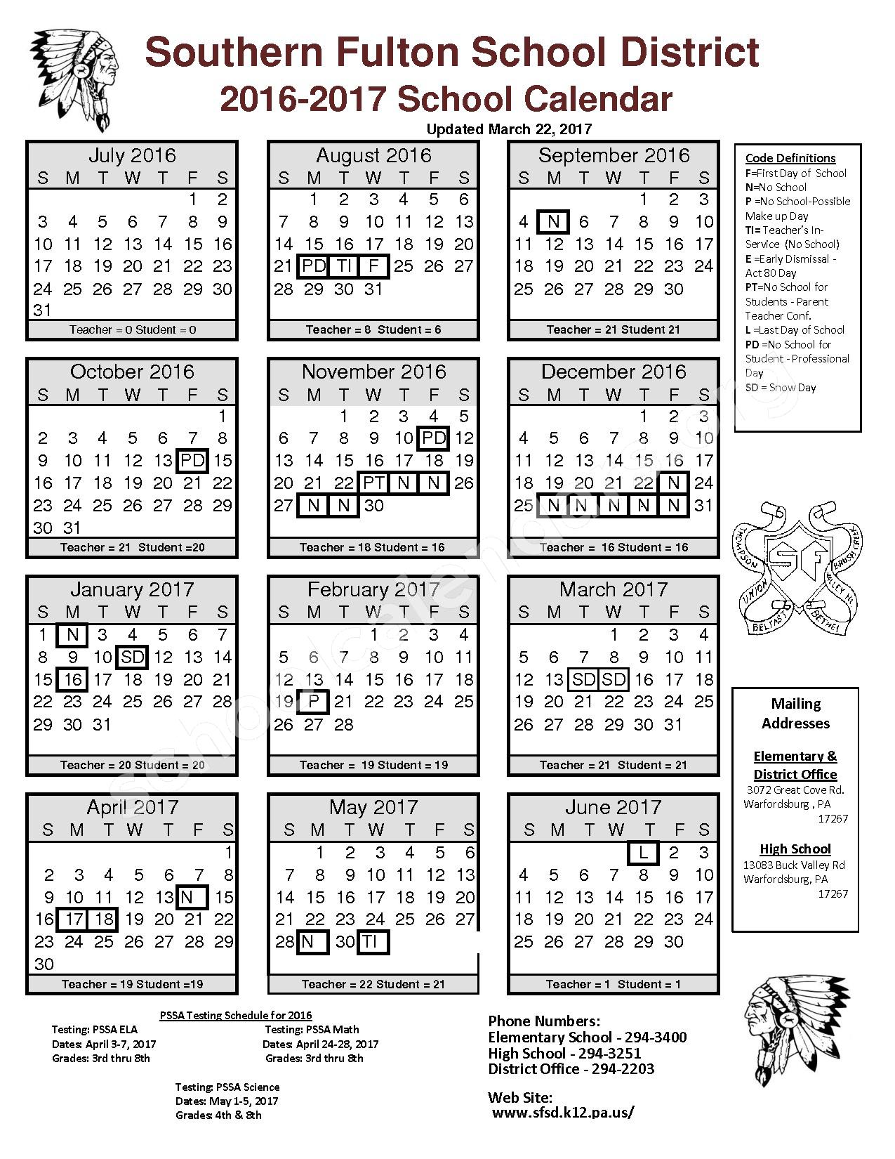 2016 - 2017 District Calendar – Southern Fulton Elementary School – page 1