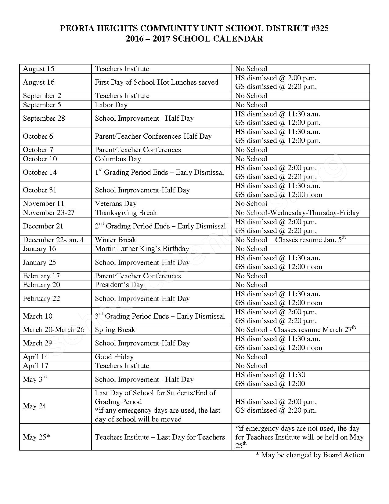 2016 - 2017 District Calendar – Peoria Heights Community Unit School District 325 – page 1