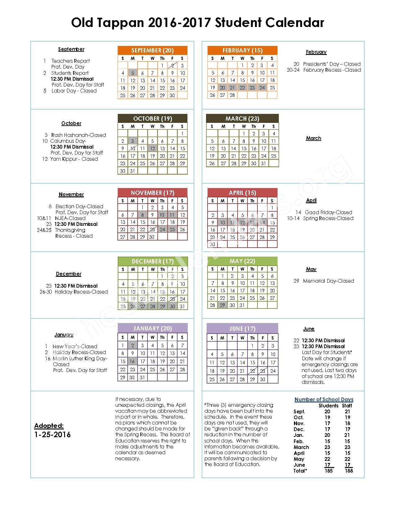 2016 - 2017 School Calendar – Old Tappan Public Schools – page 1