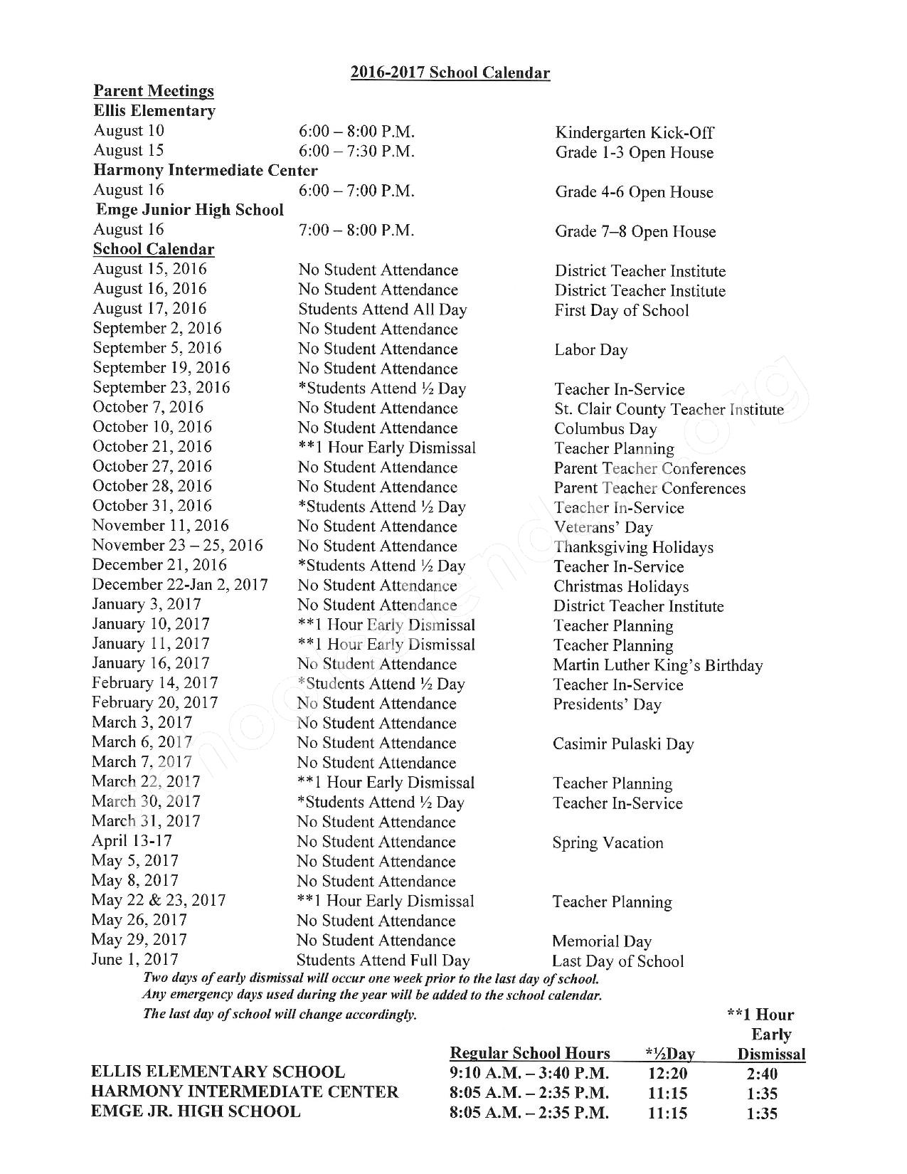 2016 - 2017 District Calendar – Harmony Emge School District 175 – page 1