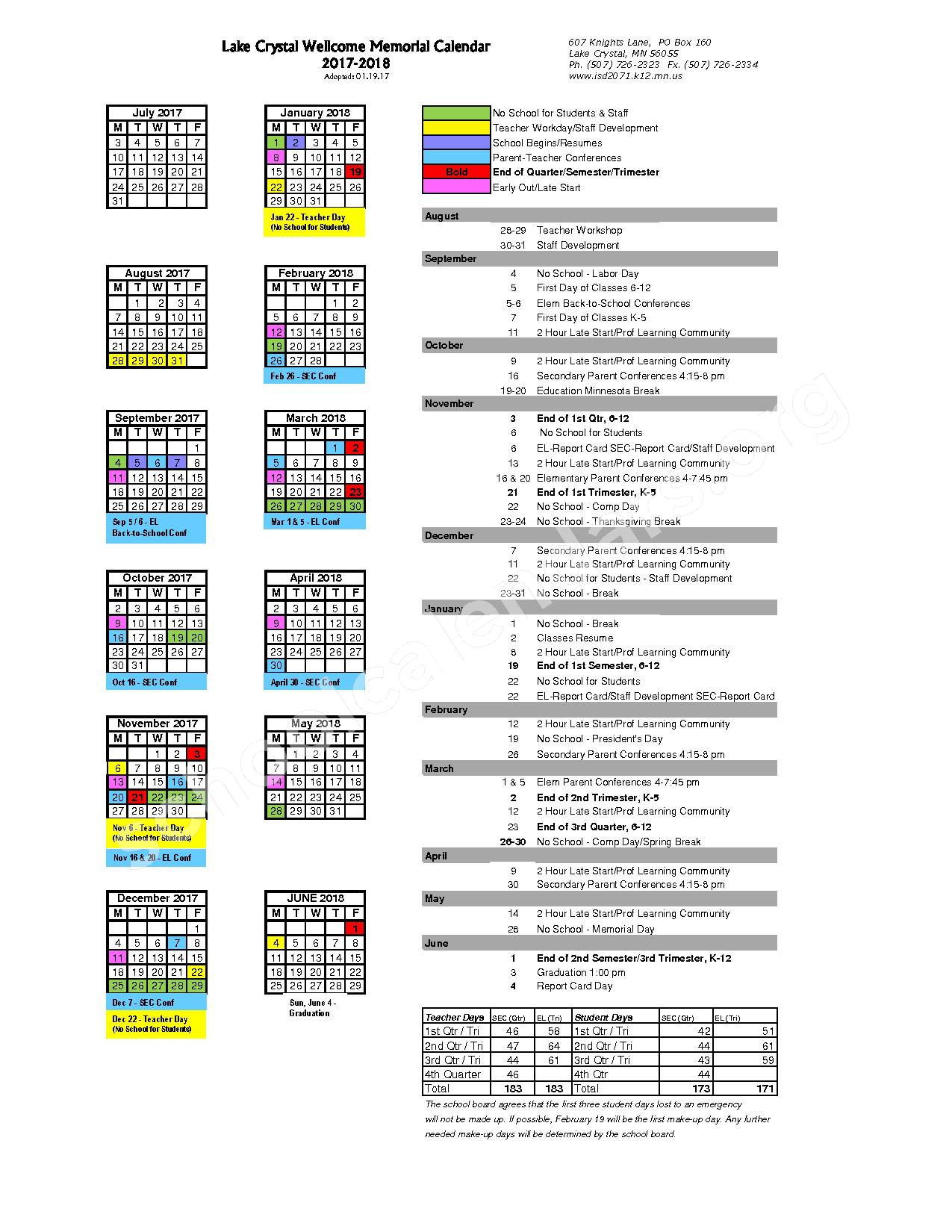 2017 - 2018 District Calendar – Lake Crystal Wellcome Memorial Secondary School – page 1