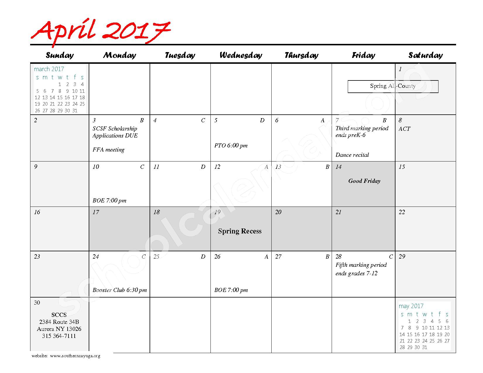 2016 - 2017 District Calendar – Southern Cayuga Elementary School-Howland Building – page 19