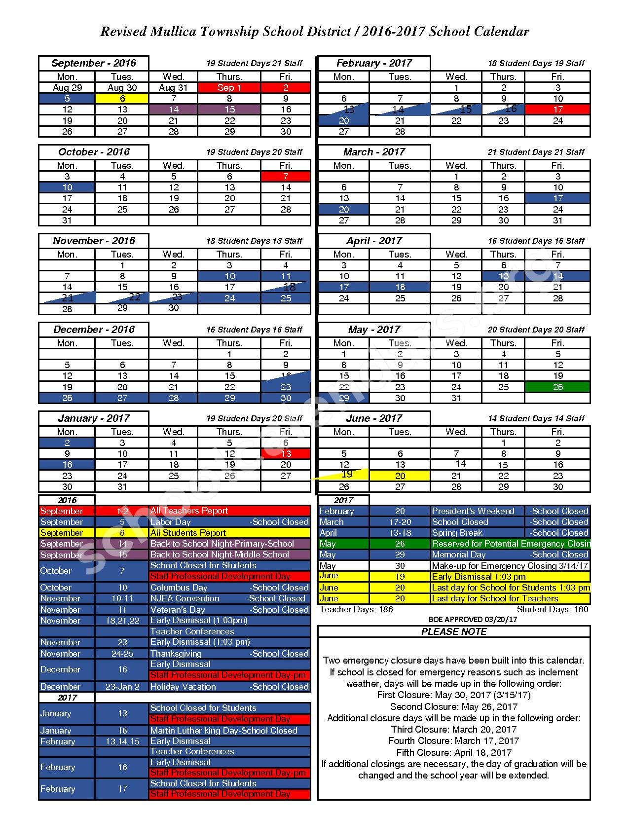 2016 - 2017 District Calendar – Mullica Township Schools – page 1