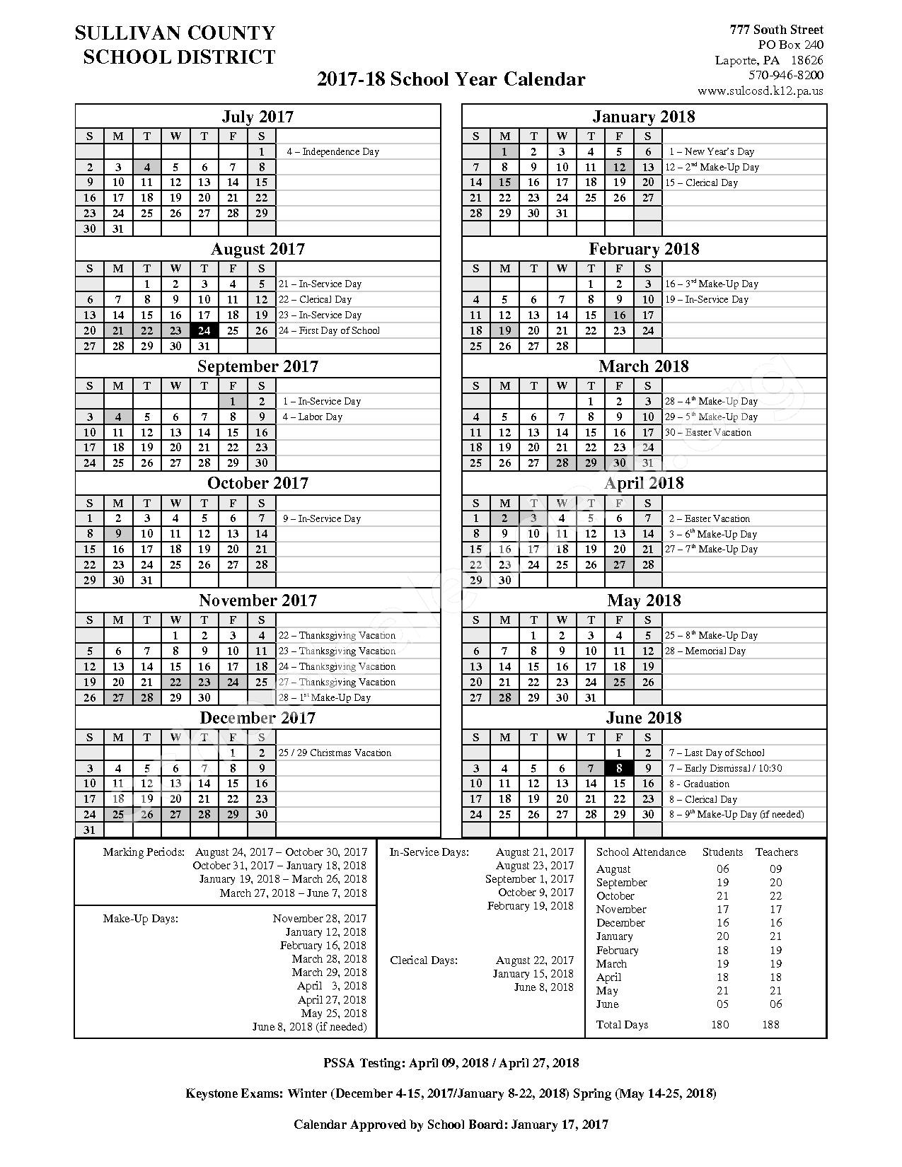 2017 2018 District Calendar Sullivan County School District