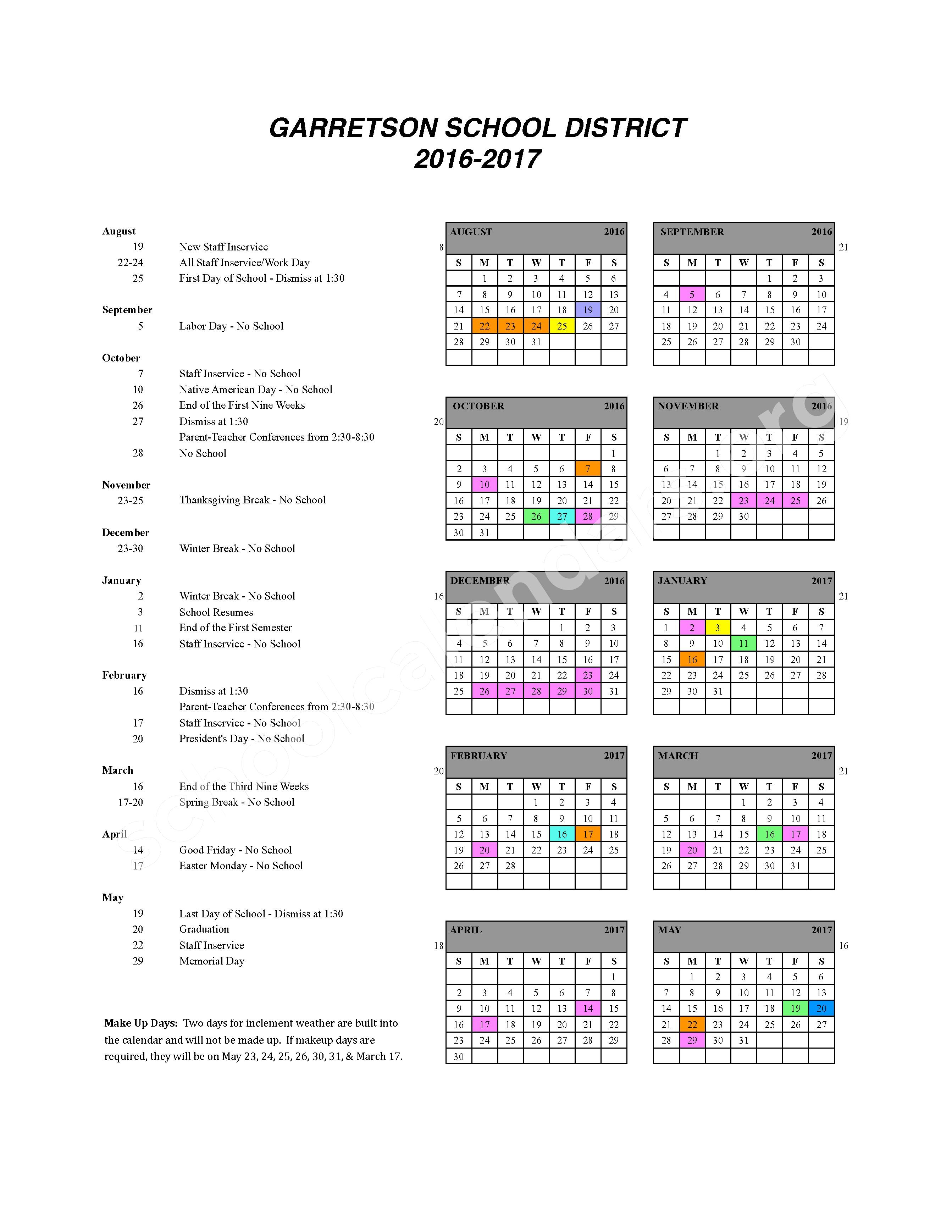 2016 - 2017 School Calendar – Garretson School District 49-4 – page 1