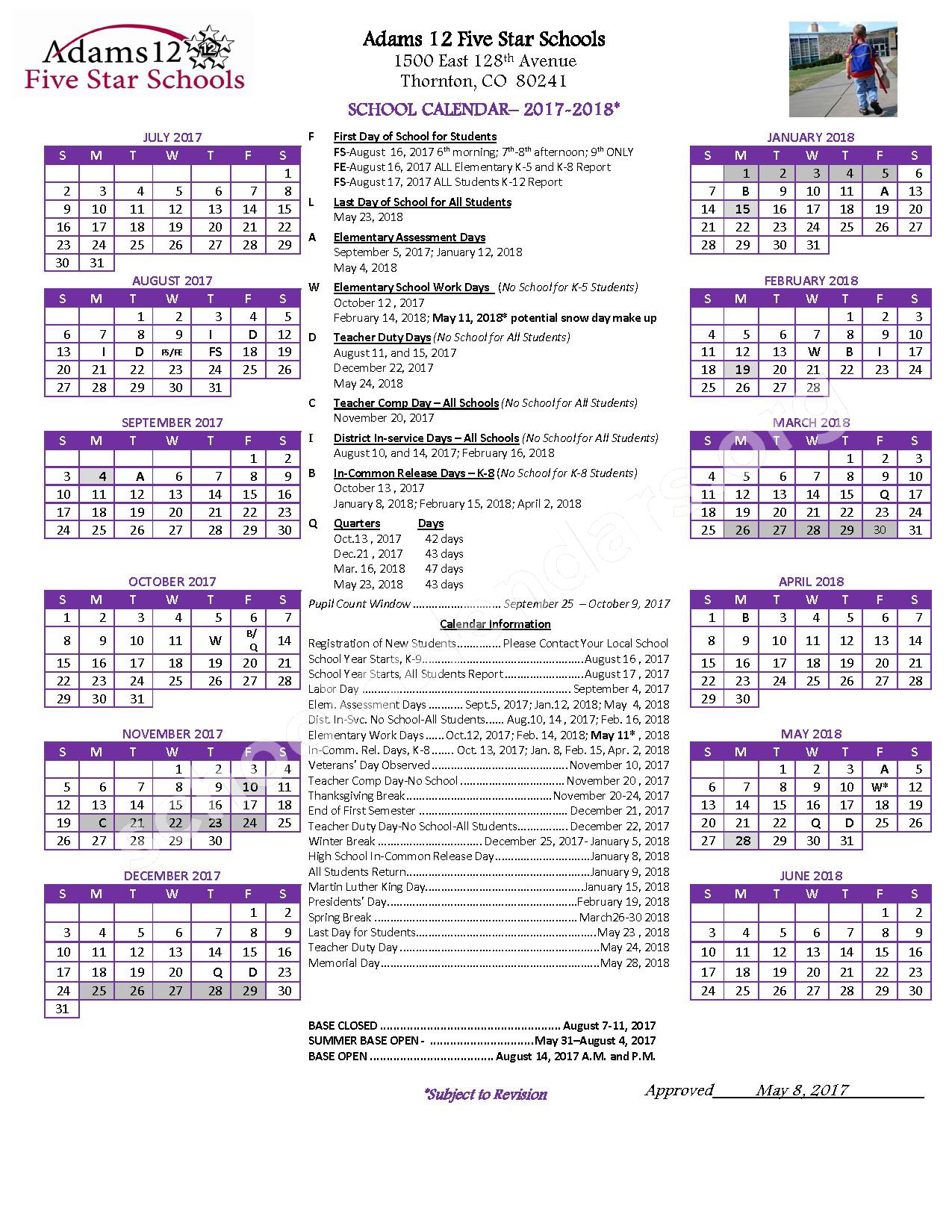 2017 - 2018 District Calendar – Flynn Elementary School – page 1