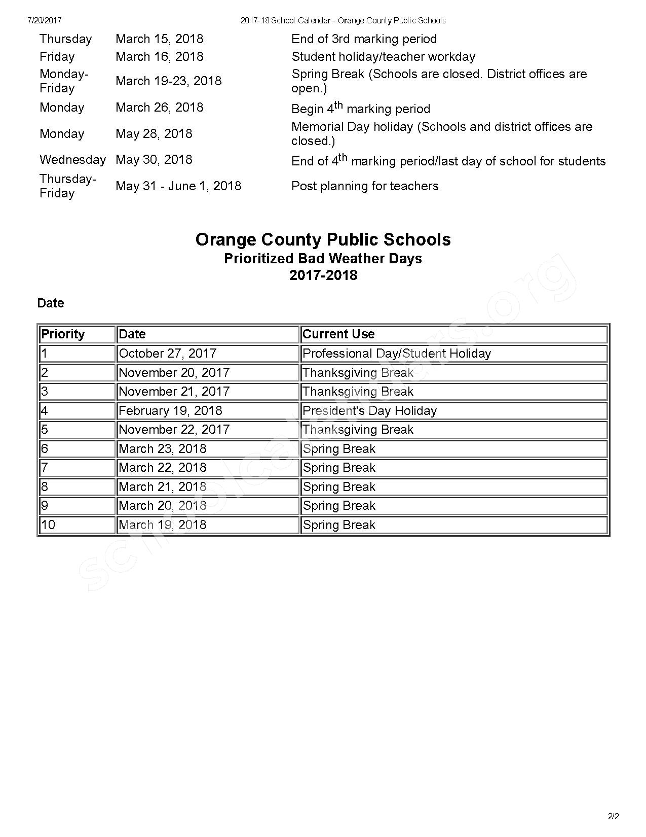 Orange County School District Calendars Orlando FL
