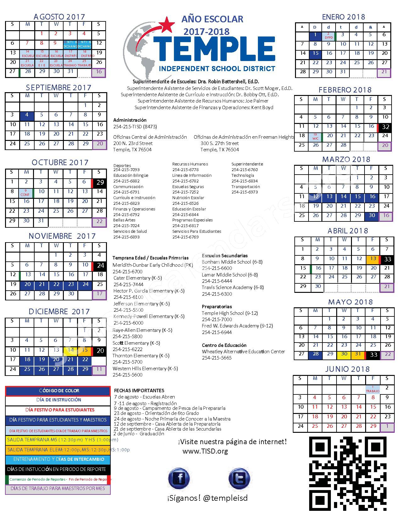 2017 2018 TISD Calendario Escolar Temple Independent School