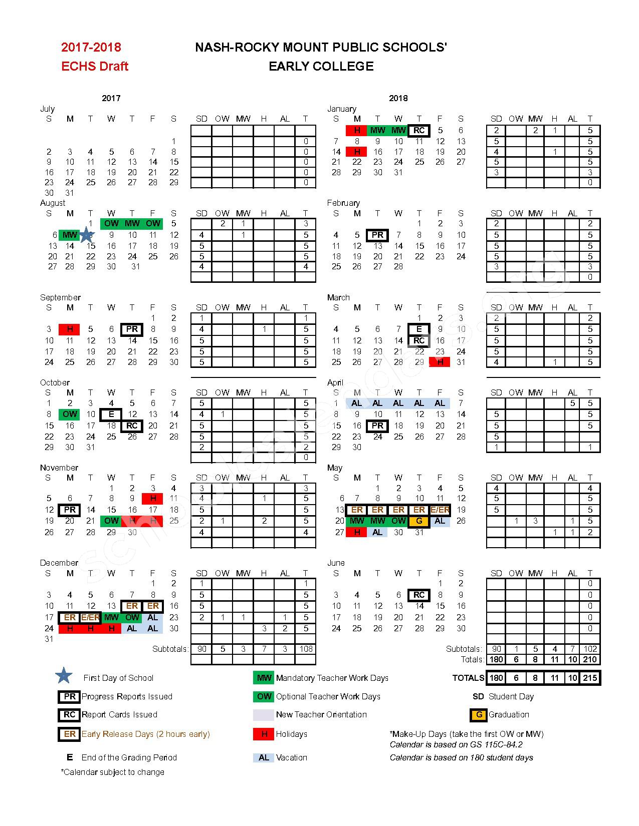 2017 2018 Early College Calendar Nash Rocky Mount Public Schools 