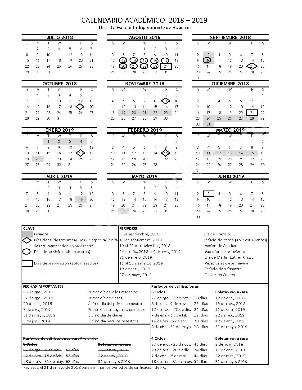 2018 2019 Calendario Escolar Houston Independent School District 2018 2019 Calendario Escolar Houston Independent School District
