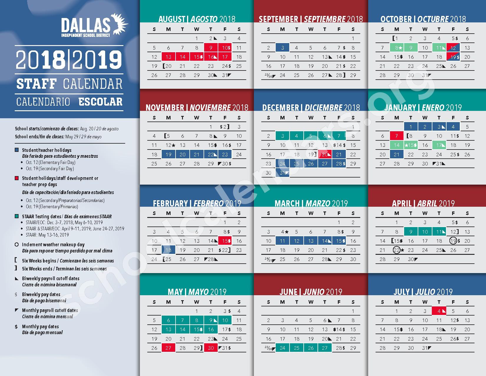2018 - 2019 Staff Calendar | Dallas Independent School District – Dallas, TX