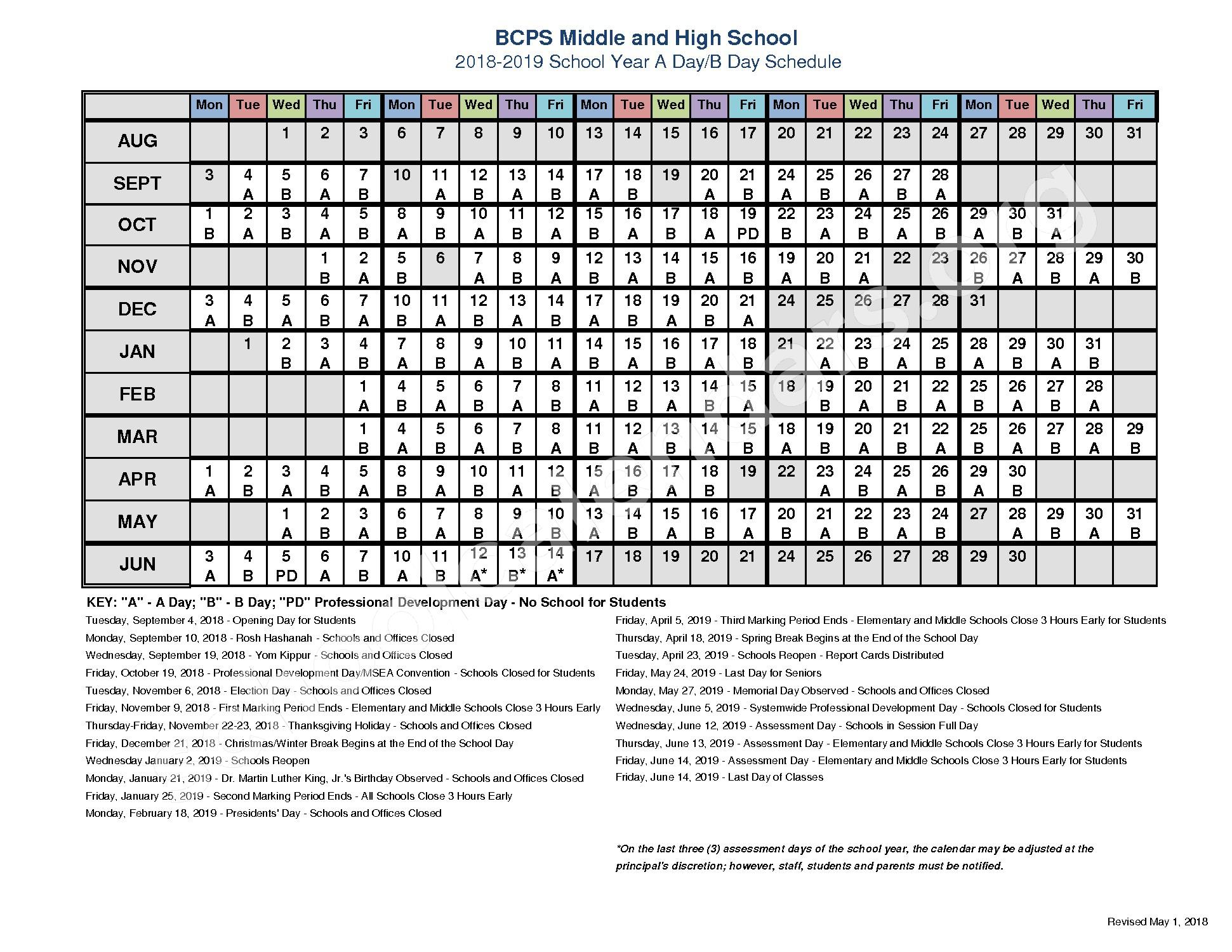 2018 2019 Middle High School A B Day Calendar Baltimore County