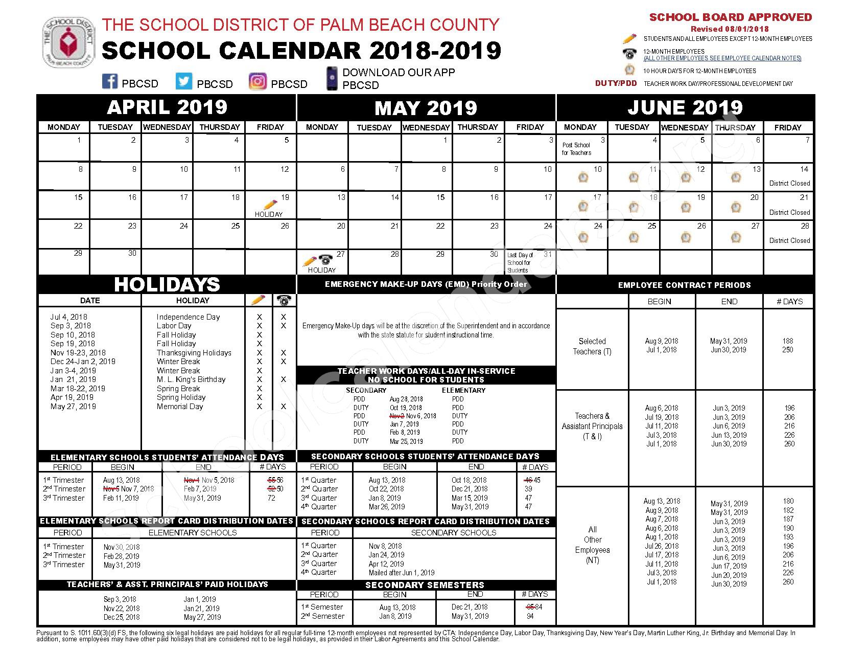 2018 2019 District Calendar Palm Beach County School District 