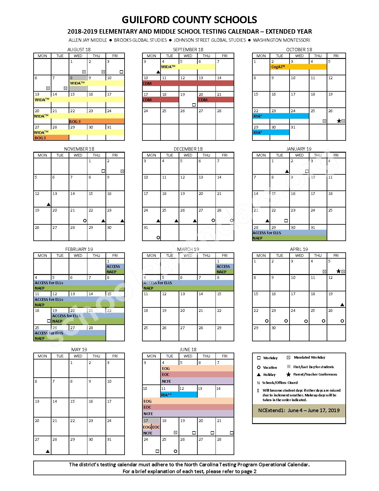 2018 - 2019 Elementary & Middle School Testing Calendar - Extended Year | Guilford County Schools – Greensboro, NC
