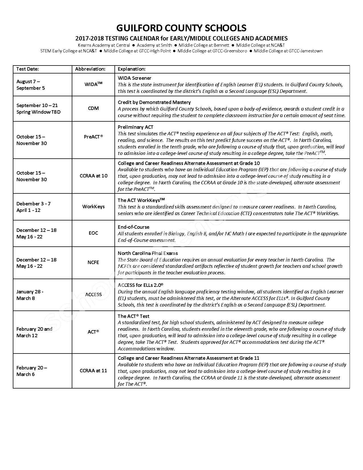 2018 2019 Testing Calendar For Early Middle Colleges Academies 2018 2019 Testing Calendar For Early Middle Colleges Academies